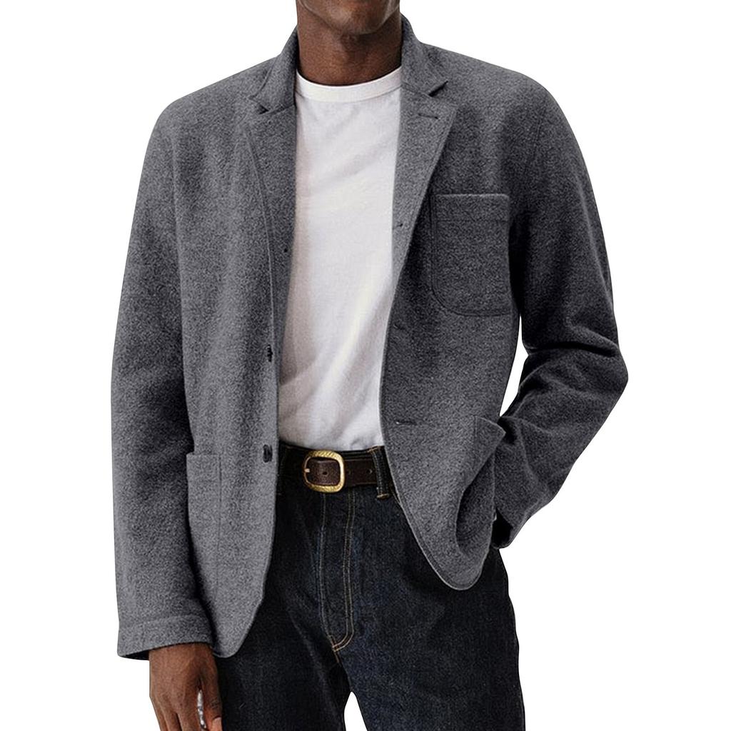 Men's Solid Color Woolen Coat Men's Pockets Button Casual Jacket