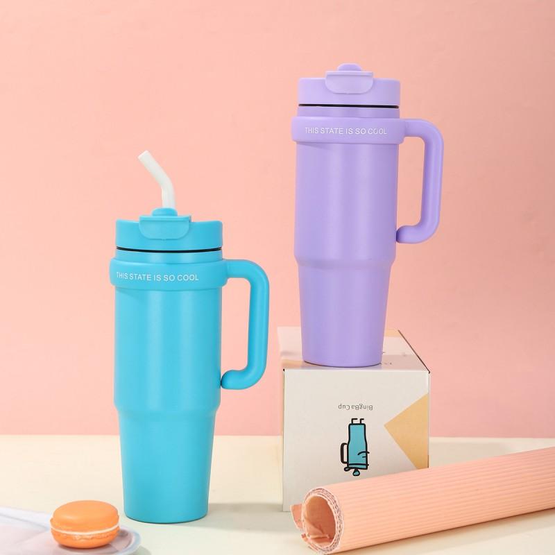 30oz Double Wall Stainless Steel Travel Mug With Handle Straw Insulated Car Cup Office Outdoor Use