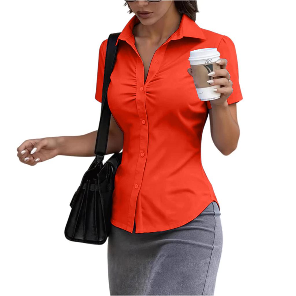 Women's Short Sleeve Button Down Shirt Slim Fit Collared Blouse Office Workwear Casual Top with Ruched Front Design