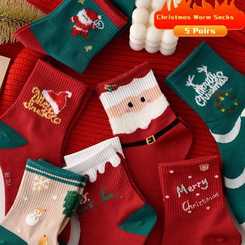 5 Pairs of Christmas Stockings for Women In Autumn and Winter, Stockings for Santa Claus, Reindeer, Snowman, Cute