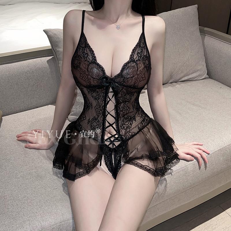 Sex Lingerie Sexy Suspender Lace Seduction Onesie Skirt Open File Hot Hollow Uniform Pajamas