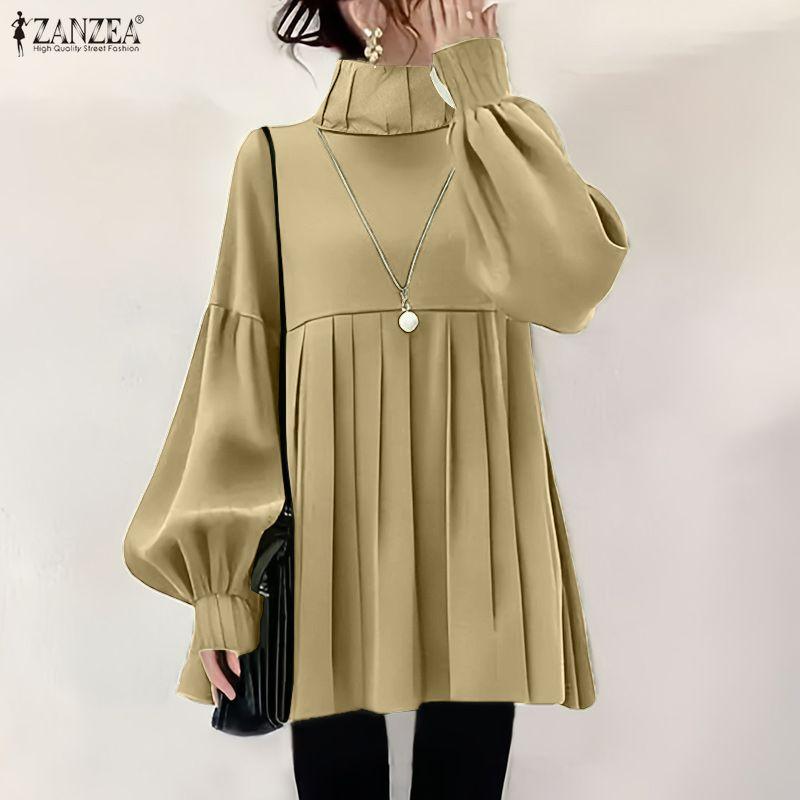 ZANZEA Women Casual Turtleneck Loose Long Sleeve Solid Blouse