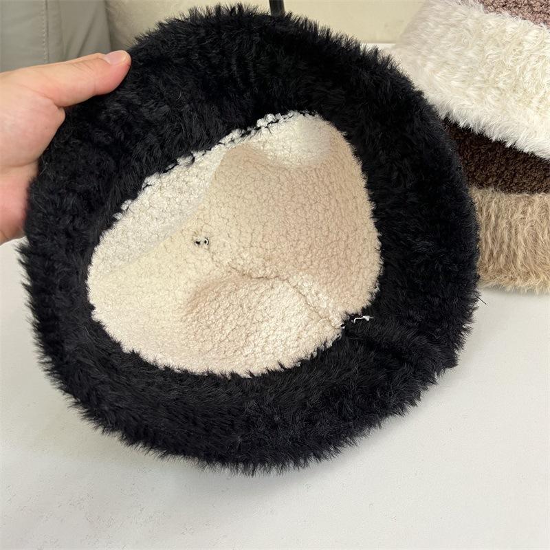 Color Matching Plush Hat Women's Autumn and Winter New Face Small Bucket Hat Cute Thickened Warm Lamb Wool Basin Hat