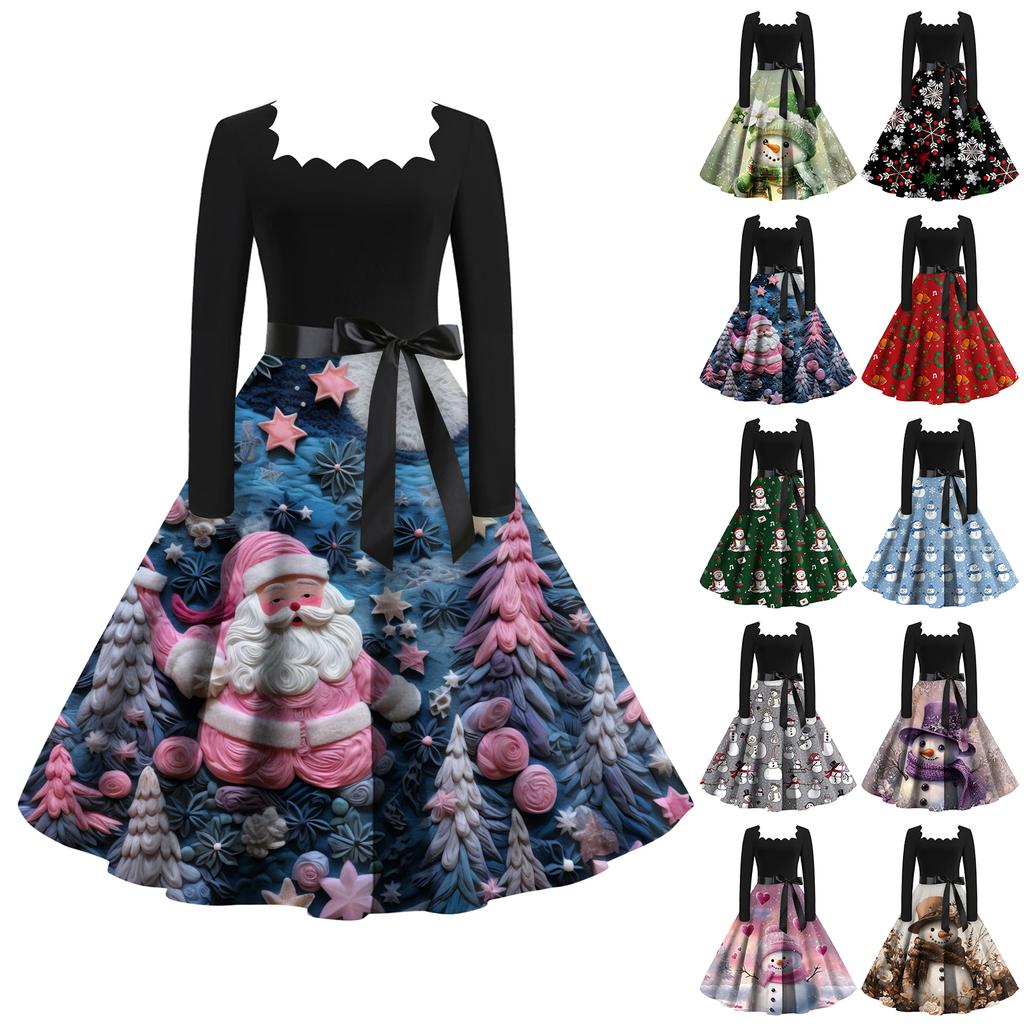 Women's Fashion Retro Long-sleeved Square Collar Christmas Printed Evening Dress