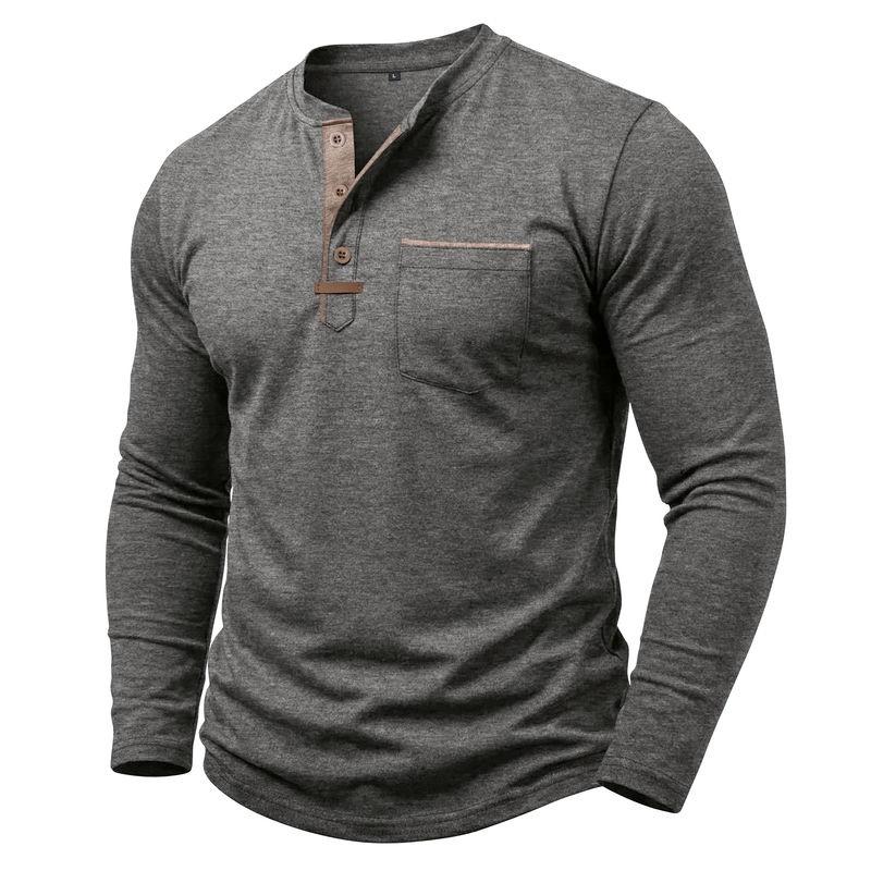 Autumn Winter Mens Henley Long Sleeve T-Shirt Contrast Collar Placket 3 Buttons Chest Pocket Soft Casual Daily Tops