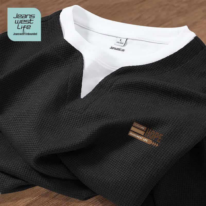 JEANSWEST LIFE Men's Waffle Knit Loose Fit Fake Two-Piece Long Sleeve T-Shirt