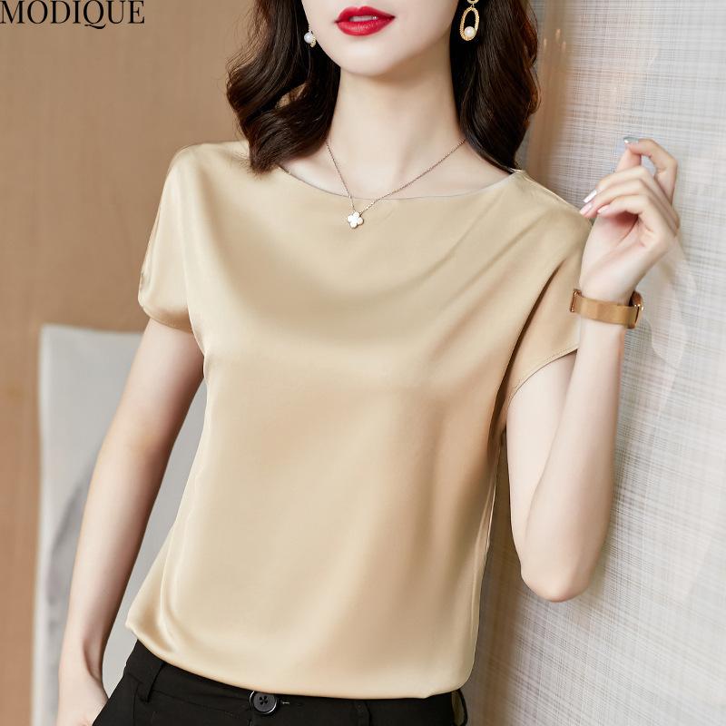 MODIQUE Sommer Übergröße Neu Damen Lässig Einfarbig Maulbeerseide Satin Basis T-Shirt Damen Minimalistisch Kurzarm O-Ausschnitt Top