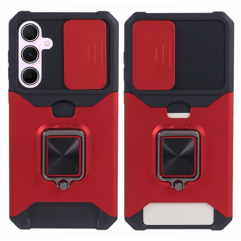 For Samsung Galaxy A55 5G Case PC+TPU Card Holder Phone Kickstand Cover with Slide Lens Lid