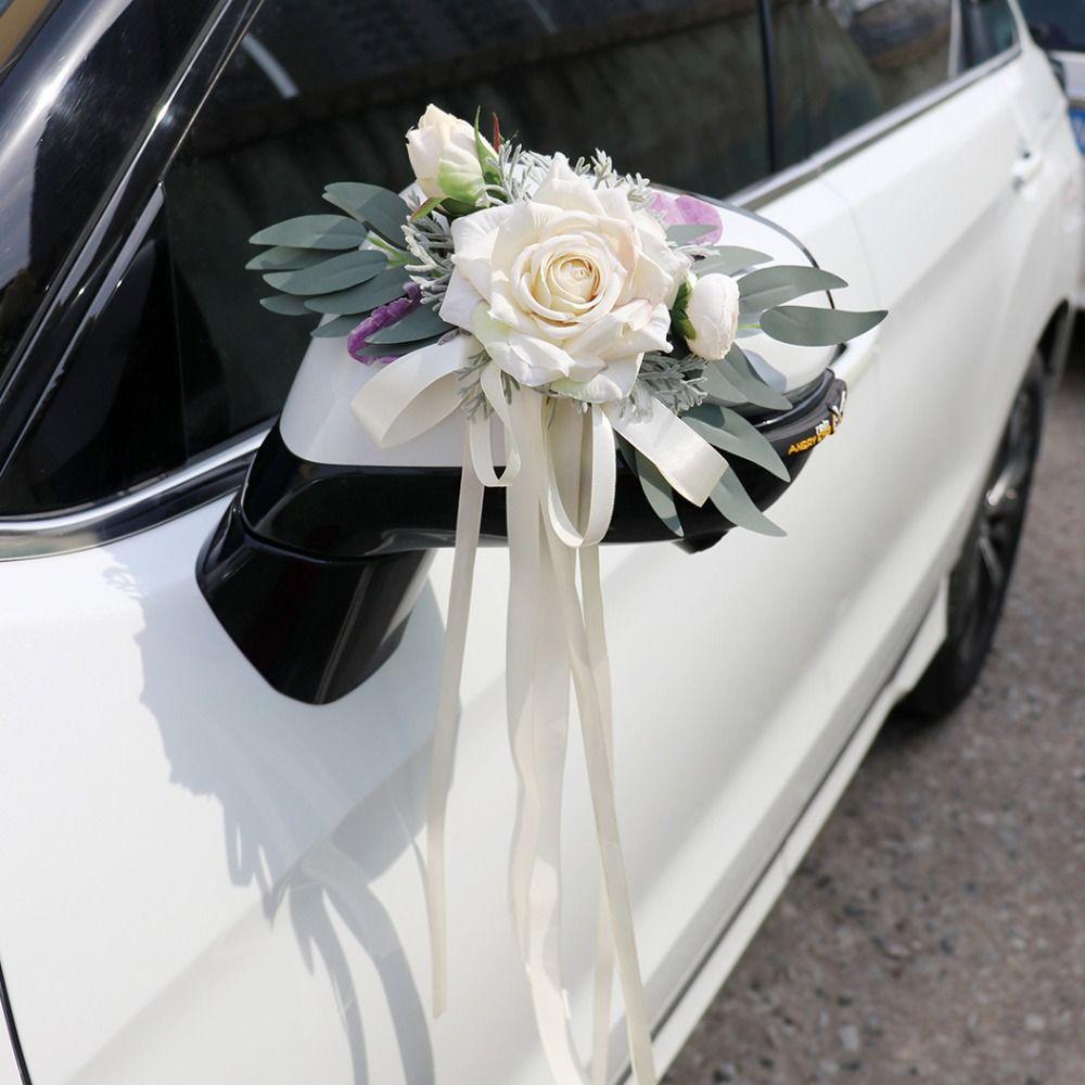 Ribbon Car Door Handle Mirror Flowers Romantic Artificial Roses  Ceremony Party Decor
