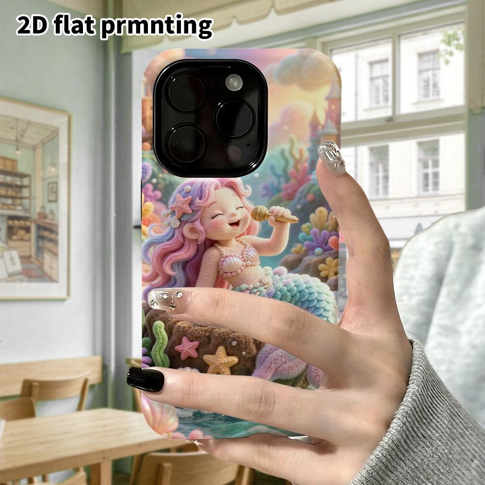 Phone case: 2D flat design suitable for iPhone 18 17 16 15 14 13 Pro protective case, singing mermaid, perfect Christmas and Halloween holiday gift