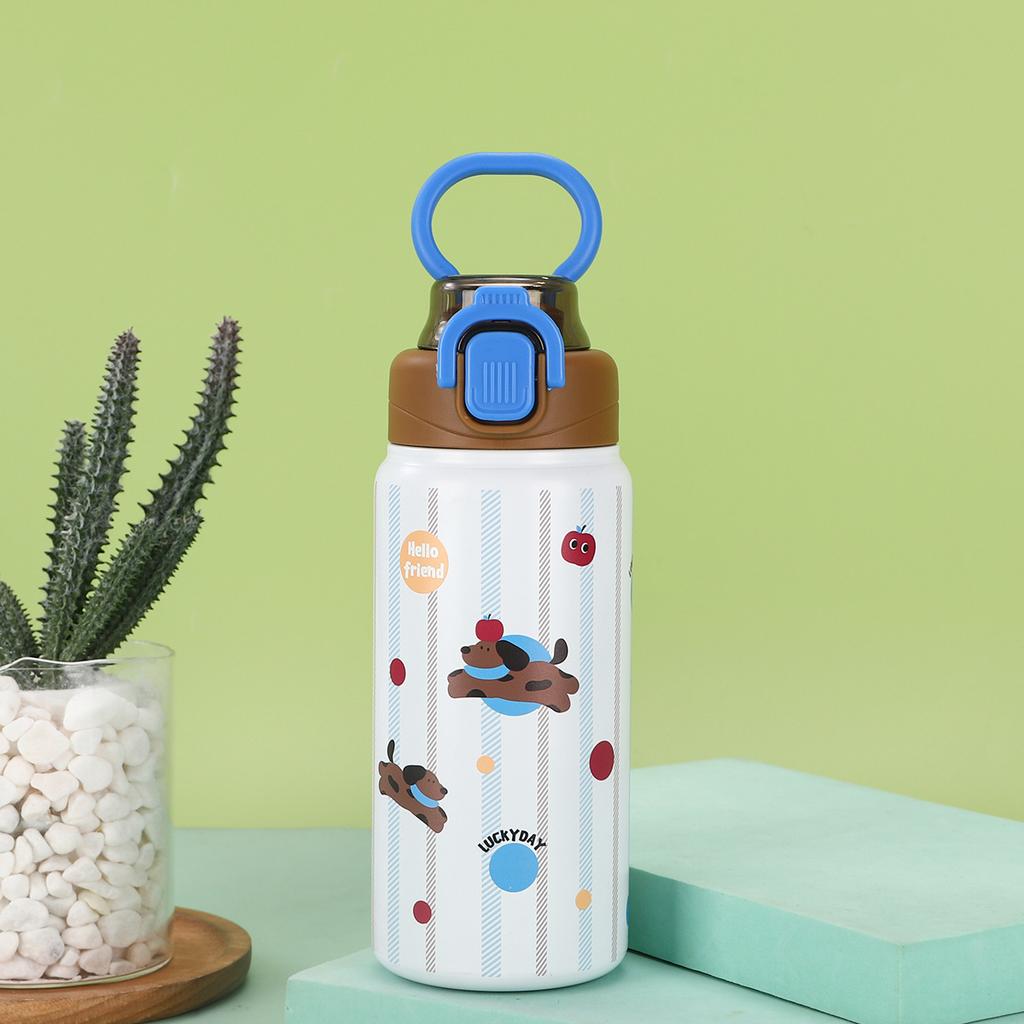 Creative Kids Thermos Drinking Cup Simple Stainless Spring Cap Double Drink Straw Cup Mug Outdoor Portable Sports Handled Cup