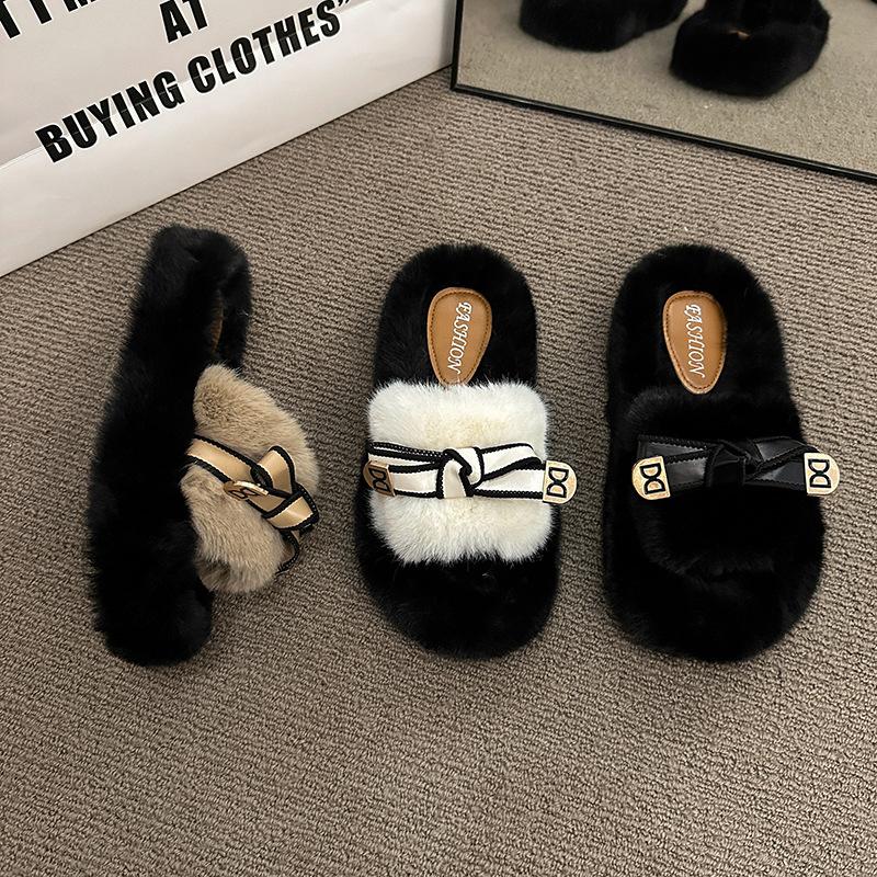 Internet celebrity black European wool slippers women wear 2025 autumn and winter new high-end thick-soled cotton slippers