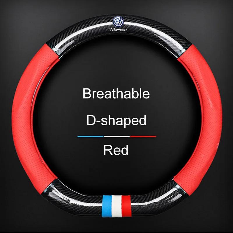 1Pcs Leather Carbon Fiber Car Steering Wheel Cover Emblem For VW B7 B6 B5 Golf 4 5 6 Polo Passat CC Jetta Mk6 Tiguan Gol Cross