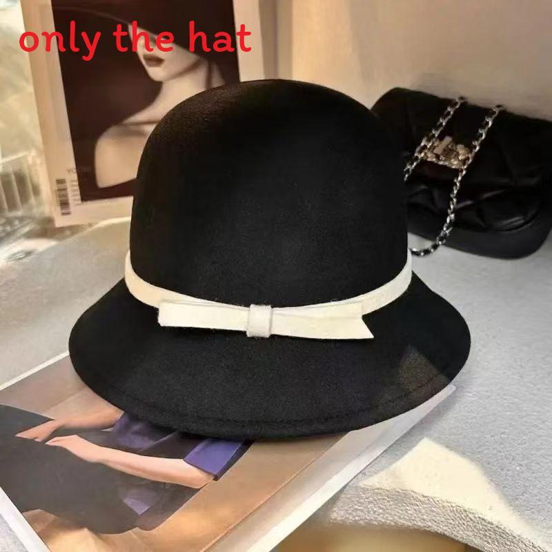 

Vintage Butterfly Bow Plush Fedora Hat For Women Autumn Winter Elegant White Black White