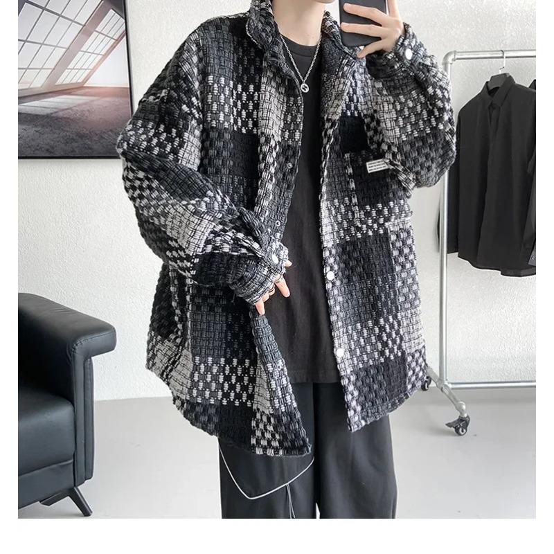 Fashion Loose Spell Color Grid Single Breasted Lapel Jacket Men's Spring Autumn Casual Jacket Pockets