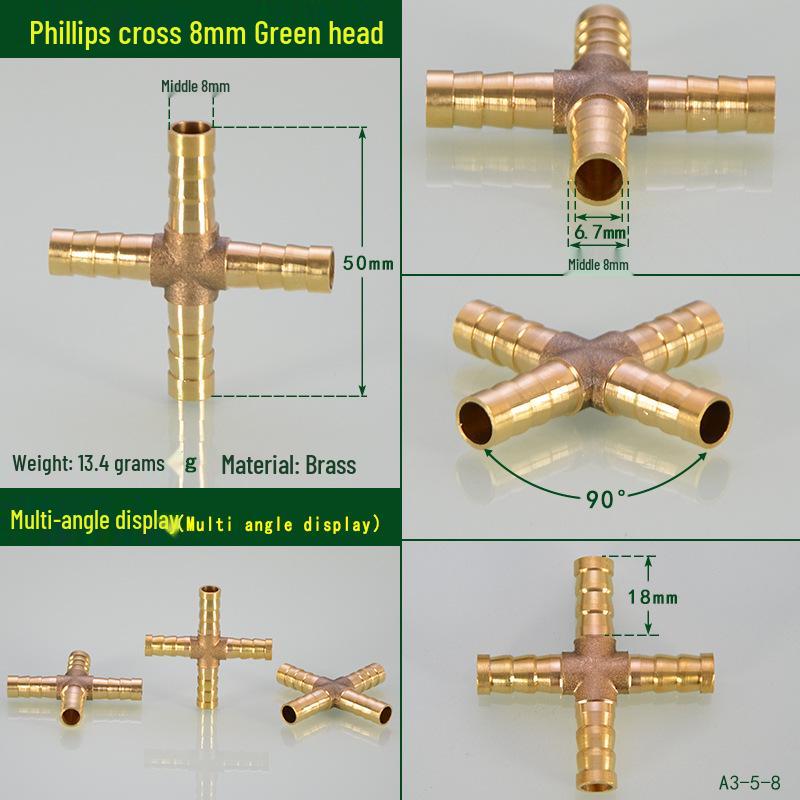 Brass Pagoda Head Insert for Gas Hose, Natural Gas Pipeline Connector 8/12, Pneumatic Fittings Inline Cross Tee