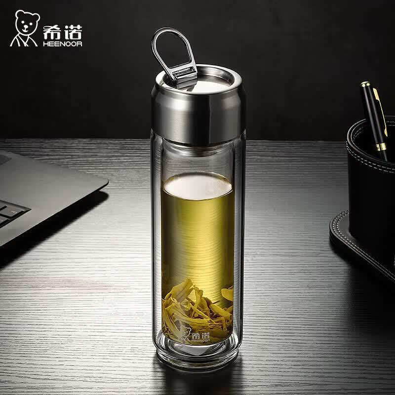 HEENOOR XN-6773 Double Wall Borosilicate Glass Water Bottle with Infuser and Handle