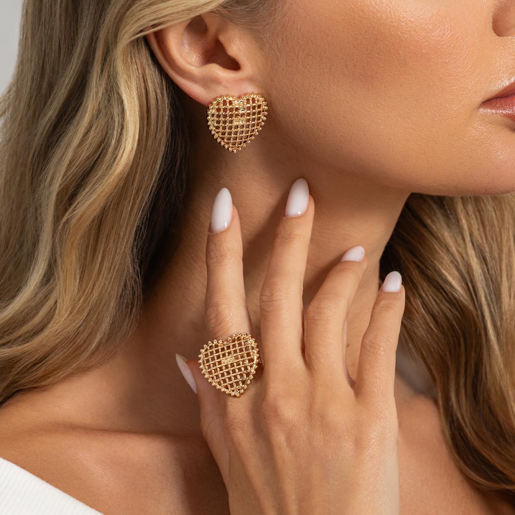 Salircon Vintage Woven Mesh Hollow Out Heart Stud Earrings Rings Set for Women 2026 Fashion Jewelry Wedding Banquet Accessories