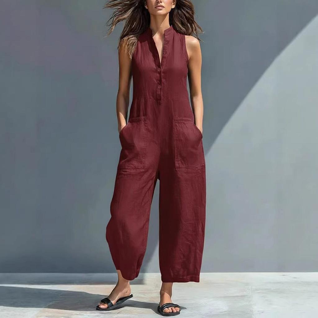 Modischer und lässiger ärmelloser Jumpsuit für Damen mit Knopfleiste, V-Ausschnitt und Taschen