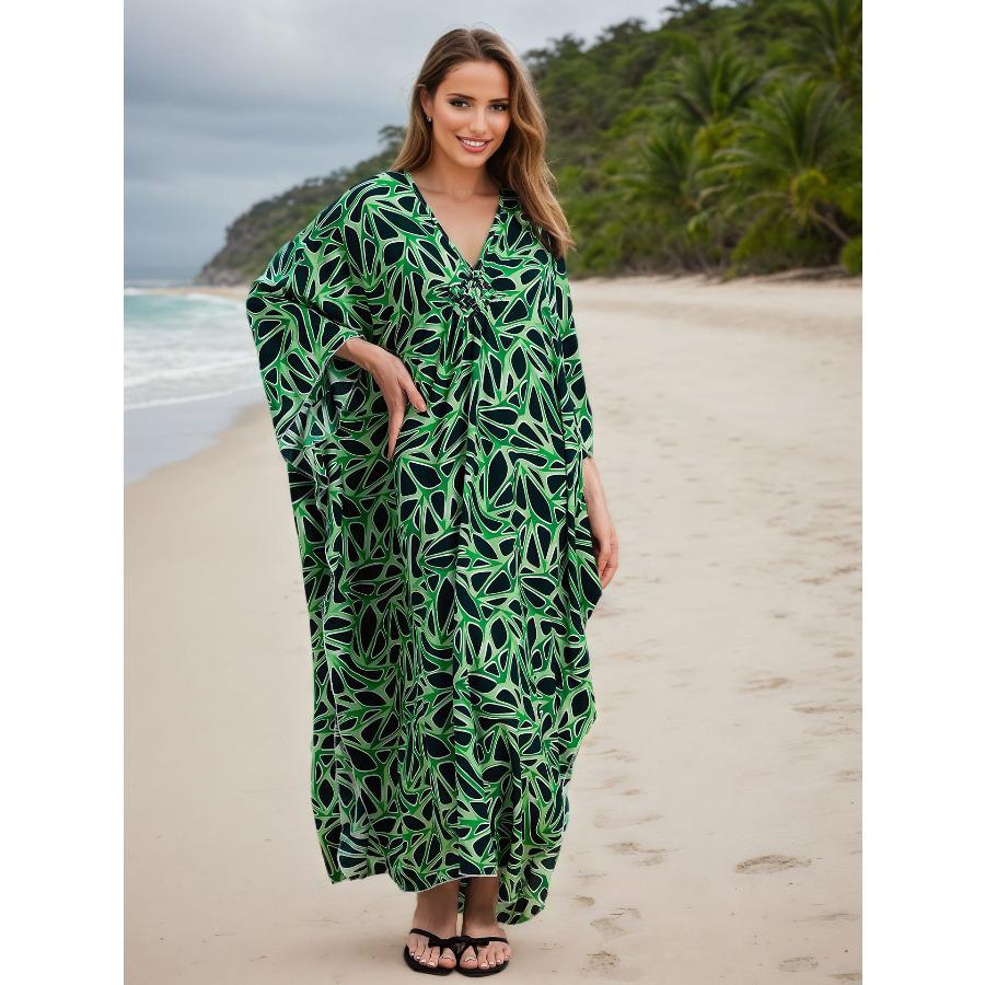 Women's Flowy Beach Maxi Dress Long Kaftan with Chest Weave Cutout, Boho Swim Cover Up 1012