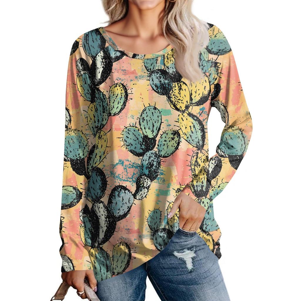 Women's Fashion Casual Long Sleeve  Print Round Neck Pullover Top Blouse