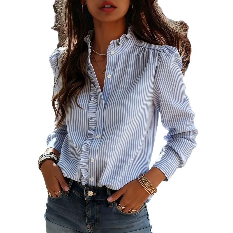 Women Striped Pleated Long Sleeve Single Breasted Elegant Commuting Blouse Shirt