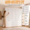 Kleiderschrank mit 5 Türen, elegante Lamellentüren, weiß, 225 x 50 x 200 cm, mit 3 Kleiderstangen, mit 6 Schubladen, geeignet für Schlafzimmer, Kinderzimmer