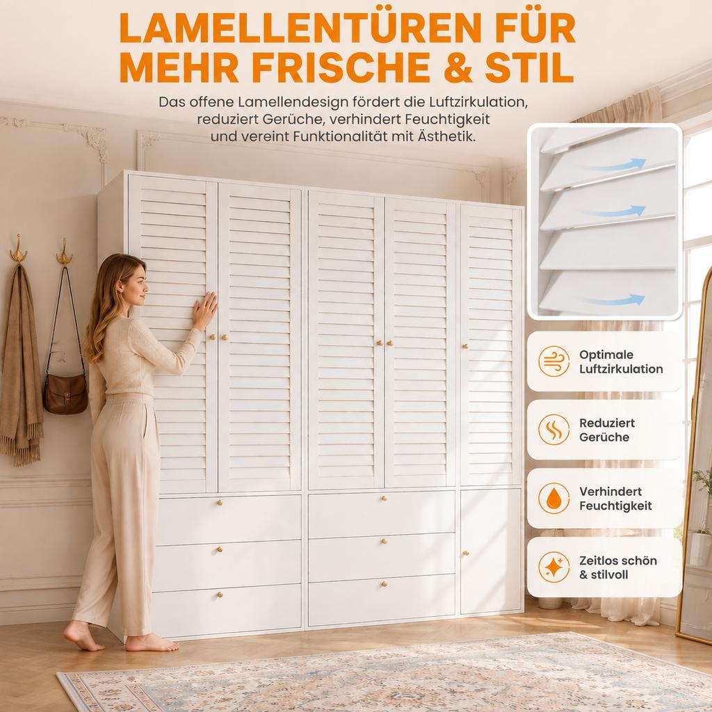Kleiderschrank mit 5 Türen, elegante Lamellentüren, weiß, 225 x 50 x 200 cm, mit 3 Kleiderstangen, mit 6 Schubladen, geeignet für Schlafzimmer, Kinderzimmer