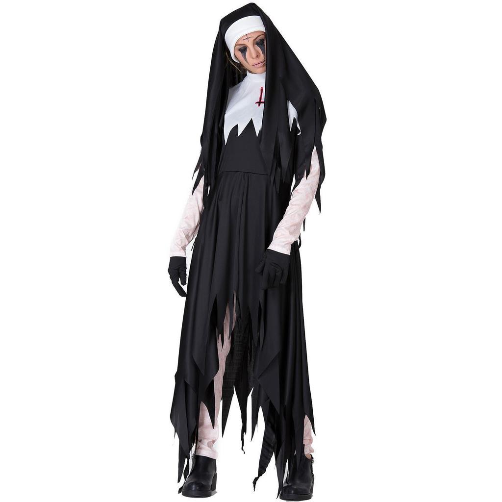 Halloween zombie nun costume, vampire horror bloody grim reaper cross serrated nun skirt