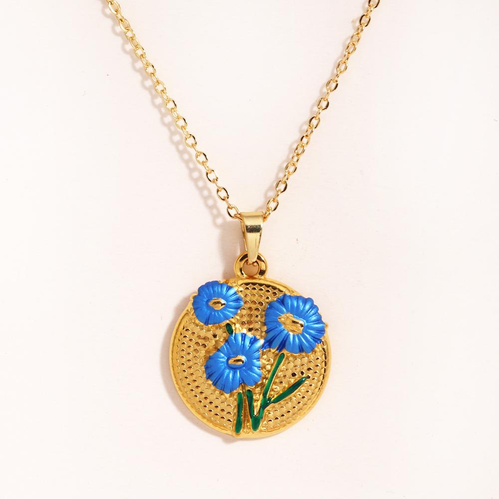

Charm Daisy Necklace Coin Round Geometric Metal Enamel Flower Pendant Necklaces for Women Stainless Steel Jewelry