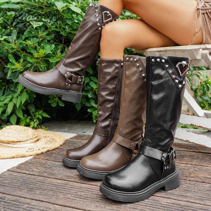 Fashion Size 36-42 Black Brown PU Women's Long Boots Western Buckles Rivet Decor Ladies Knee-High Boots Autumn Fashion Botas Altas
