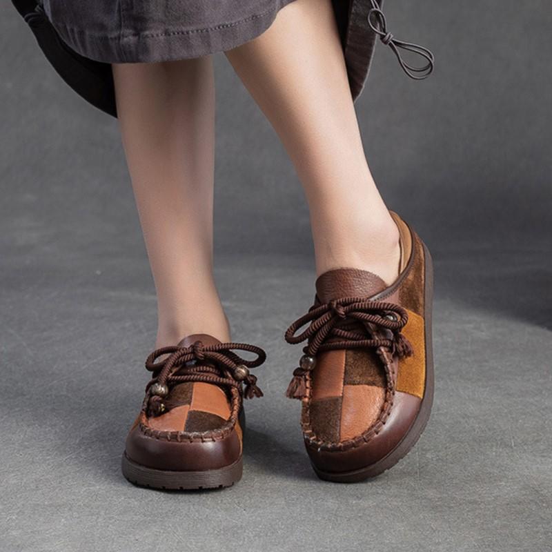 Johnature Retro Genuine Leather Mixed Colors Versatile Comfortable Casual Women's Flat Shoes