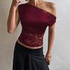 Damen Sexy Spitze Patchwork Schlanke Passform Ärmellos Schräger Kragen Einfarbiges T-Shirt Top