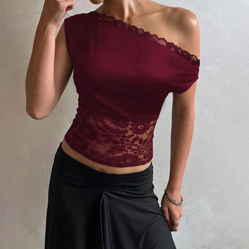 Damen Sexy Spitze Patchwork Schlanke Passform Ärmellos Schräger Kragen Einfarbiges T-Shirt Top