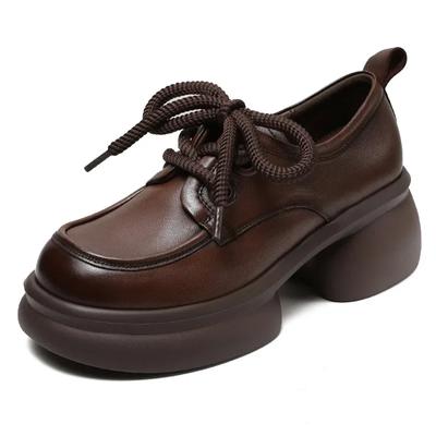 Fashion 6CM Luxury Design Chunky Platform Pumps Women Thick High Heel Genuine Cow Leather Handmade Retro Lace-Up Casual Women Shoes