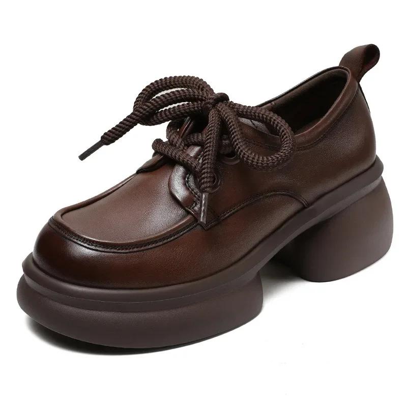 Fashion 6CM Luxury Design Chunky Platform Pumps Women Thick High Heel Genuine Cow Leather Handmade Retro Lace-Up Casual Women Shoes