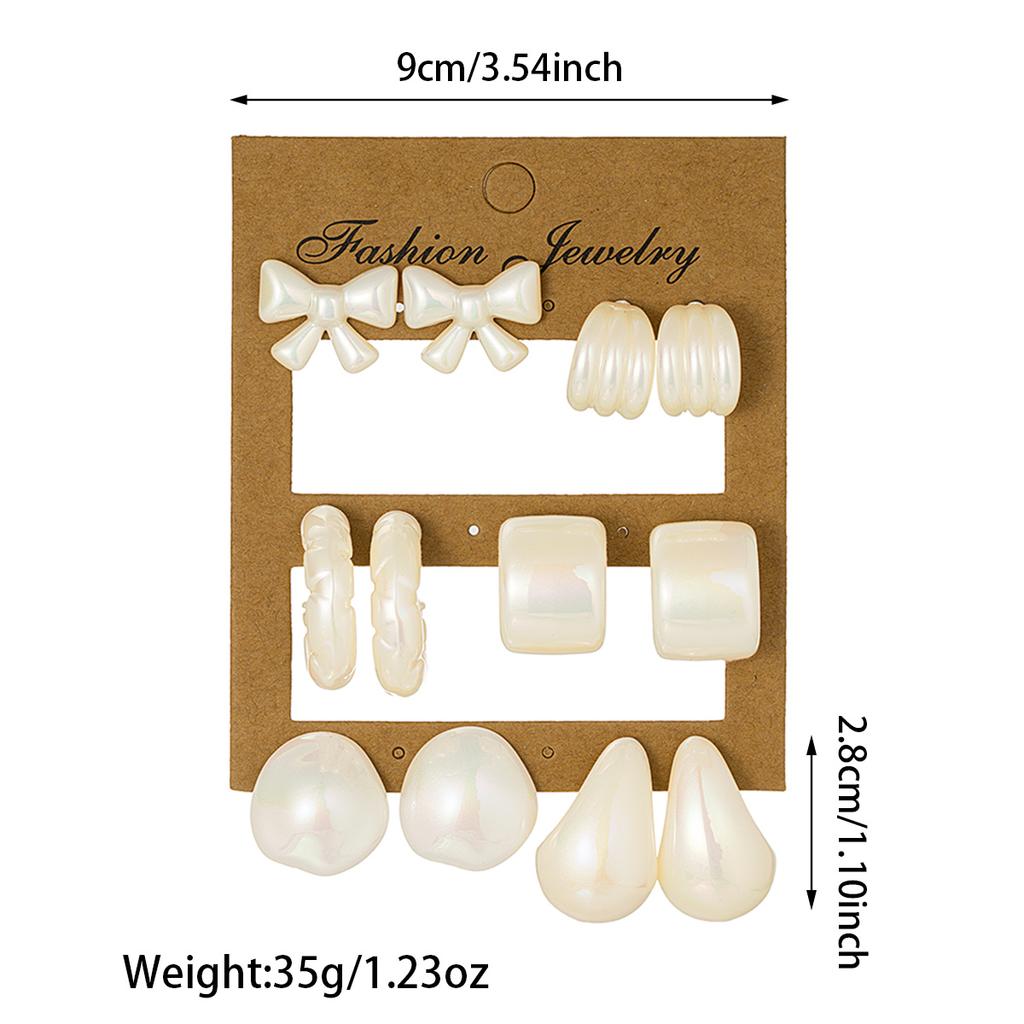 6 pairs of simple and elegant imitation pearl bow geometric spiral water droplet U-shaped earring set