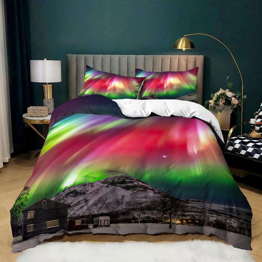 Aurora Borealis Polyester Bettbezug-Set Baum unter Magnetfeld der Natur mit Nordlichter-Landschaftsbild King Size