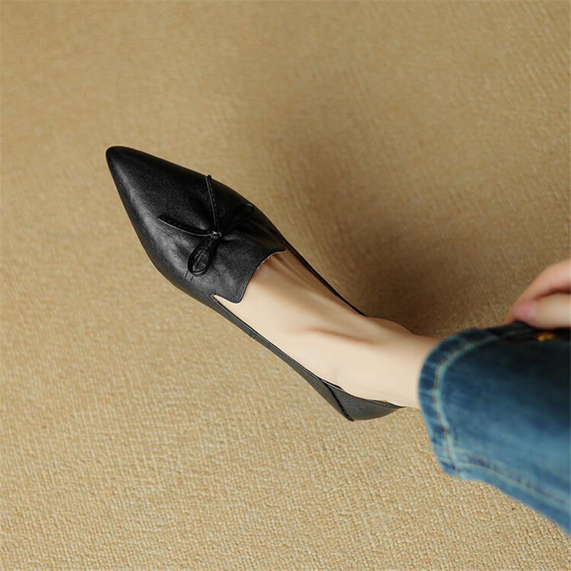 Fashion New Spring Genuine Leather Women Shoes French Retro Pointed Toe Women Pumps Bow Loafers Shoes for Women Low Heel Ladies Shoes