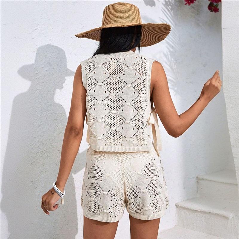 European And American Handmade Knitwear Blouse Sleeveless Loose Casual Seaside Vacation Suit Top Shorts Two Piece Suit