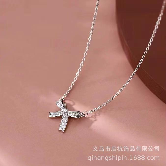 Bow Necklace Women'S Light Luxury Design Simple Micro-Inlaid Pendant Collarbone Chain Necklace