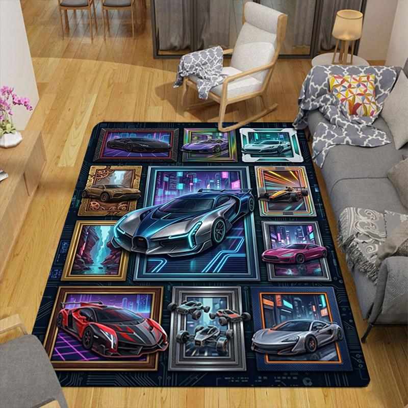 Futuristic Car Gallery Pattern Rug Floor Mat for Living Room or Bedroom Soft and Comfortable Carpet a Gift for Birthday and Holiday.