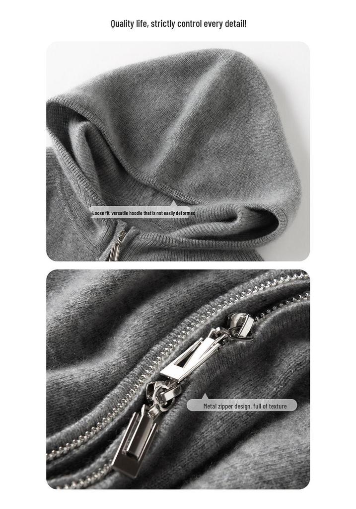 Felpa con cappuccio da donna in maglia di cashmere con zip - Morbida, delicata sulla pelle, spessa, cardigan tinta unita per Autunno/Inverno