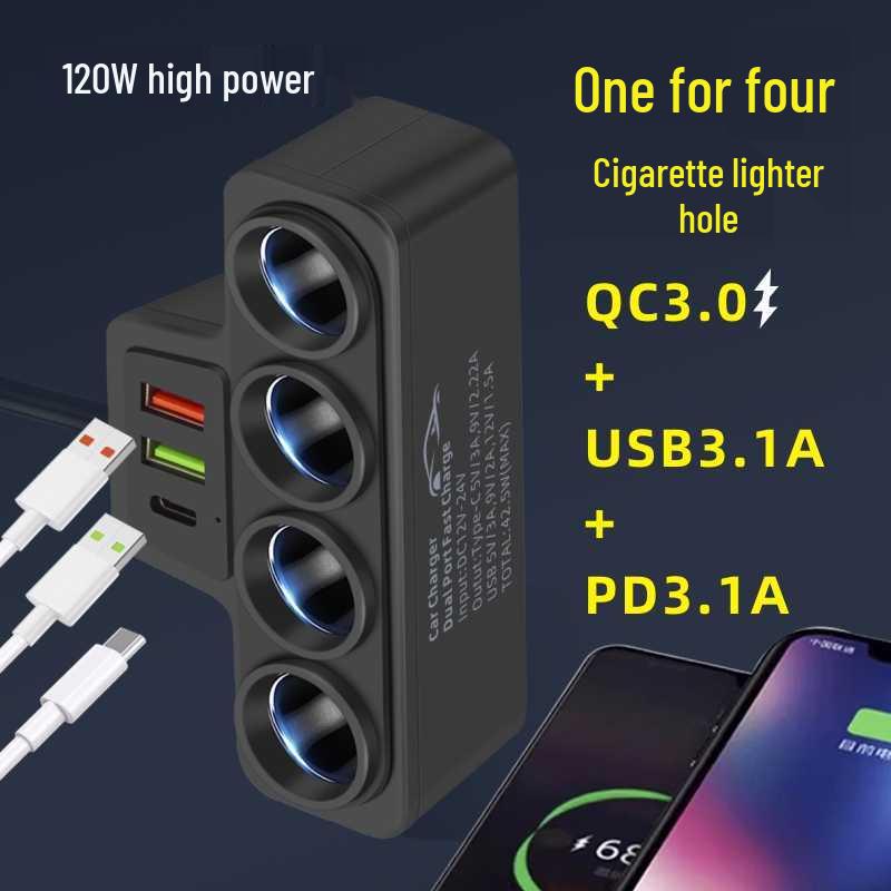 Multifunctional 4-Port Car Charger with QC3.0, USB, and PD Fast Charging (12V/24V Universal)