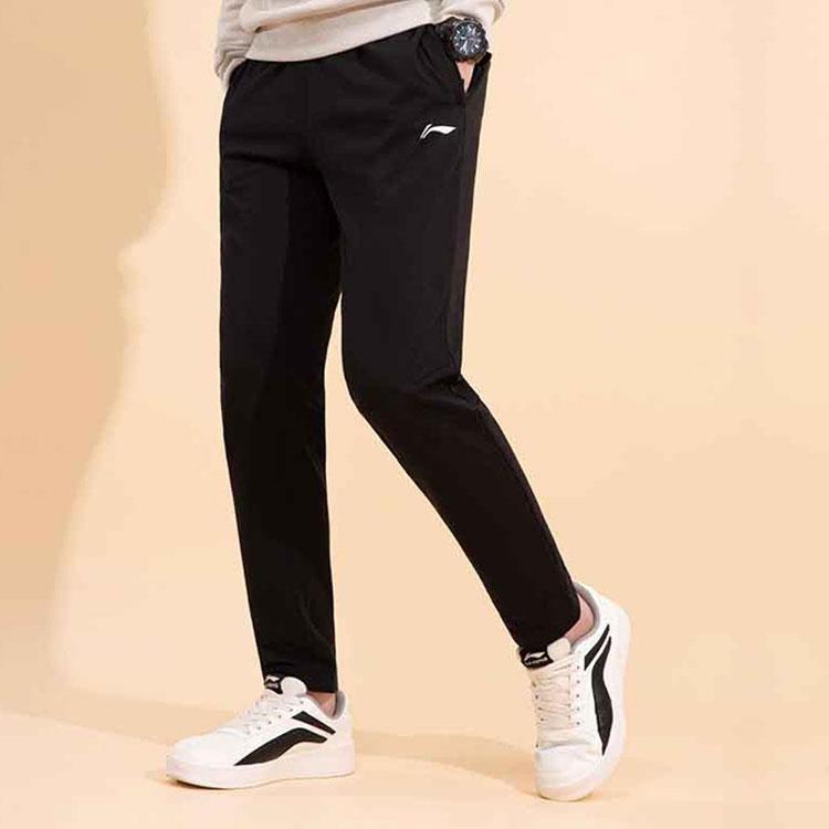 Li Ning Plain Logo Elastic Waist Straight Leg Sports Pants Men Bottoms Black AKLRB63-1