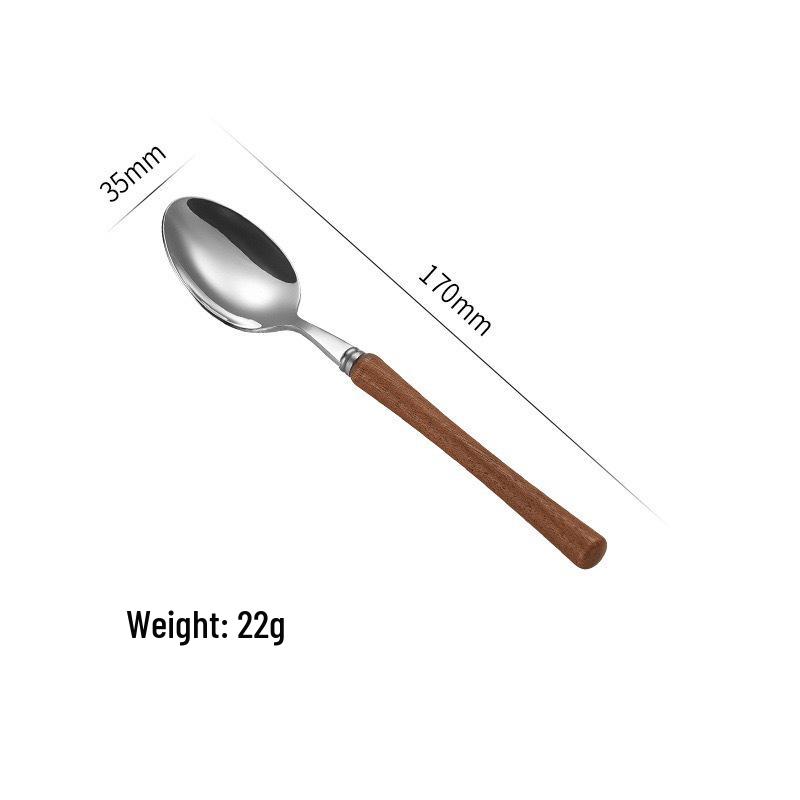 4-Piece High-End Stainless Steel Cutlery Set with Wooden Handles: Includes Knife, Fork, Spoon, and Teaspoon for Western Cuisine.