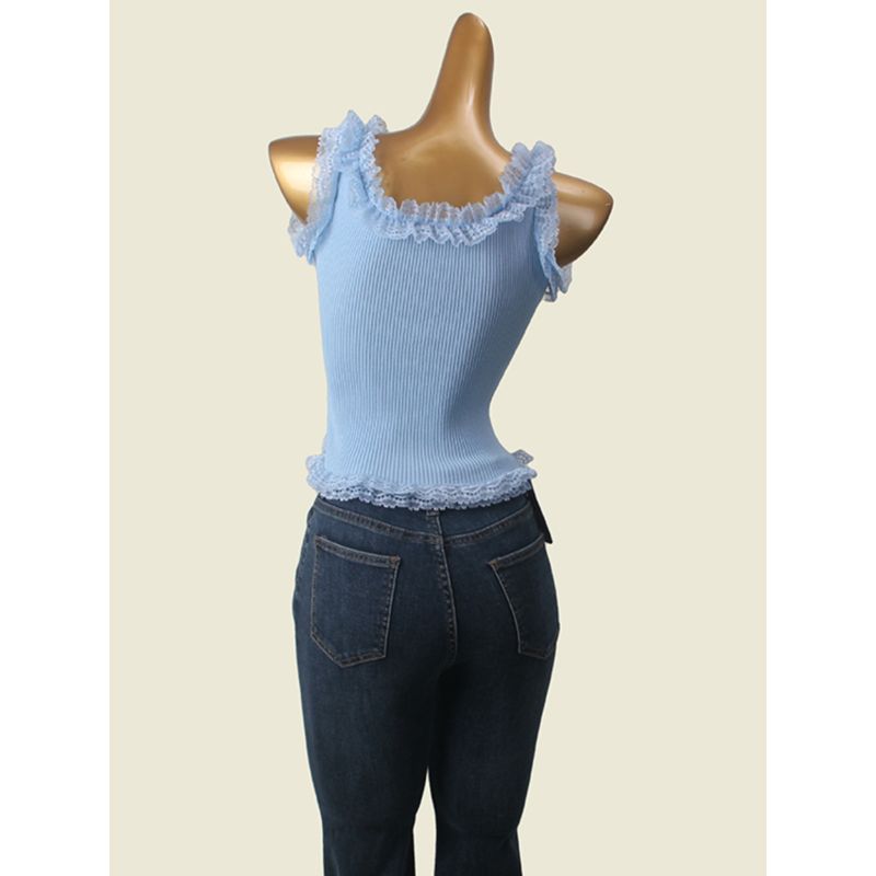 French Romantic Lace Knitting Patchwork Vest Summer Outwear U-Collar Thread Fitted Sexy Camisole