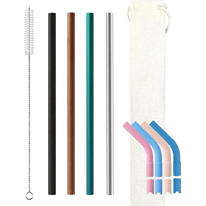 Pure Titanium Reusable Straws with Silicone Tips,Travel Case & Cleaning Brush,BPA Free & Eco Friendly,Dishwasher Safe,Fits 20-30oz Tumblers (Titanium