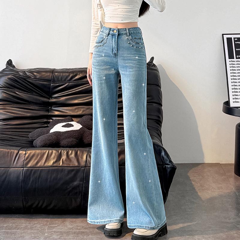 Spring & Autumn Rhinestone Flare Jeans: Light Blue Elastic Waist, Star-Studded Floor-Length Pants for Women M