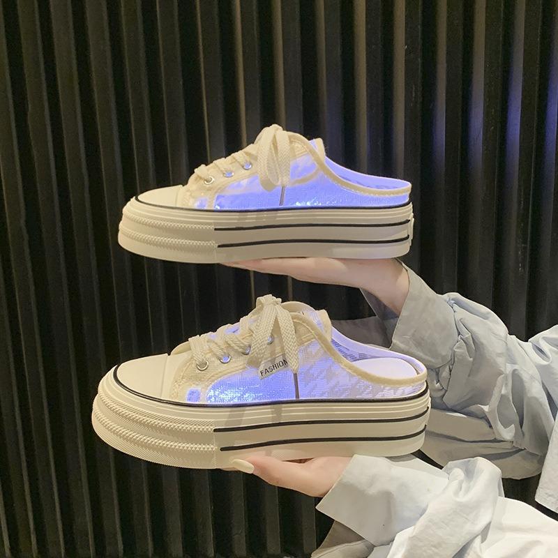 Fashion Summer Women's Shoes Breathable Canvas Slippers Fashion Platform Height Increasing Shoes for Women Casual BaoTou Half Slippers